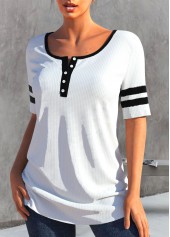 White tops,Contrast Color tops,Striped tops,ROTITA Patchwork White Round Neck Short Sleeve T Shirt