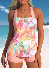 Criss Cross Pink Leaf Print Tankini Set