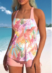 Pink swimwear,Plants swimwear,ROTITA Criss Cross Pink Leaf Print Tankini Top