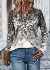 Light Coffee tops,Tribal tops,Ombre tops,Button Tribal Print Light Coffee T Shirt