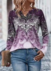 Light Purple tops,Tribal tops,Ombre tops,Button Tribal Print Light Purple T Shirt