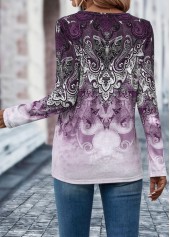 Light Purple tops,Tribal tops,Ombre tops,Button Tribal Print Light Purple T Shirt