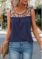 Navy tops,Leopard tops,Patchwork Leopard Navy Round Neck Tank Top