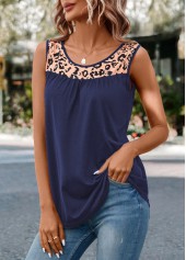 Navy tops,Leopard tops,Patchwork Leopard Navy Round Neck Tank Top