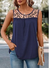 Patchwork Leopard Navy Round Neck Tank Top