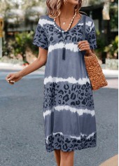Grey dresses,Leopard dresses,Striped dresses,Everyday dresses,Casual dresses,Leopard Grey H Shape V Neck Dress