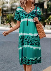 Green dresses,Leopard dresses,Everyday dresses,Casual dresses,Leopard Green H Shape V Neck Dress