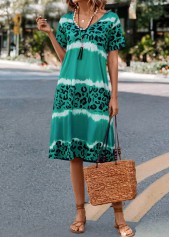 Green dresses,Leopard dresses,Everyday dresses,Casual dresses,Leopard Green H Shape V Neck Dress
