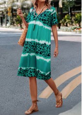Green dresses,Leopard dresses,Everyday dresses,Casual dresses,Leopard Green H Shape V Neck Dress