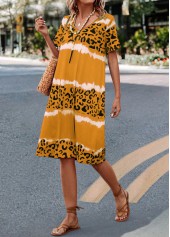 Yellow dresses,Leopard dresses,Striped dresses,Everyday dresses,Casual dresses,Leopard Yellow H Shape V Neck Dress