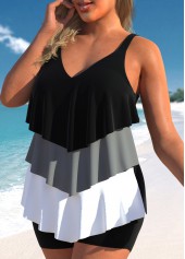 Black plus size,Contrast Color plus size,ROTITA Handkerchief Hem Plus Size Black Tankini Top