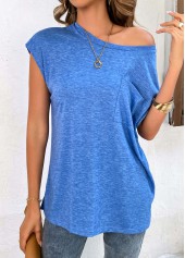 Light Blue tops,Plain Color tops,Pocket Light Blue One Shoulder T Shirt