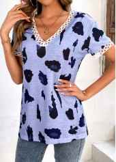 Dusty Blue tops,Leopard tops,Animal Print tops,Patchwork Leopard Dusty Blue V Neck T Shirt