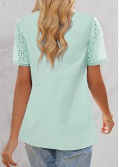 Mint Green tops,Plain Color tops,ROTITA Embroidery Mint Green V Neck Short Sleeve Blouse