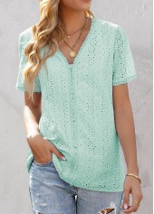 Mint Green tops,Plain Color tops,ROTITA Embroidery Mint Green V Neck Short Sleeve Blouse