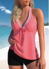 Coral swimwear,Dot swimwear,Striped swimwear,ROTITA Bowknot Coral Polka Dot Tankini Top