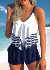 Navy swimwear,White swimwear,Contrast Color swimwear,Striped swimwear,Geometric swimwear,ROTITA Handkerchief Hem Contrast Navy Tankini Top