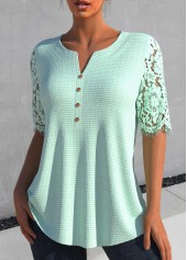 Light Green tops,Plain Color tops,ROTITA Patchwork Light Green Split Neck Half Sleeve Blouse