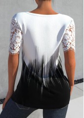 White tops,Black tops,Ombre tops,Geometric tops,Striped tops,ROTITA Patchwork Ombre White V Neck T Shirt