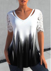 ROTITA Patchwork Ombre White V Neck T Shirt