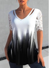 White tops,Black tops,Ombre tops,Geometric tops,Striped tops,ROTITA Patchwork Ombre White V Neck T Shirt