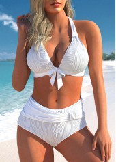 Jacquard Halter Bowknot White Bikini Set