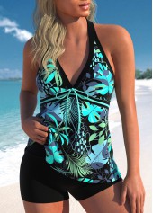 Bowknot Cyan Tropical Plants Print Tankini Set