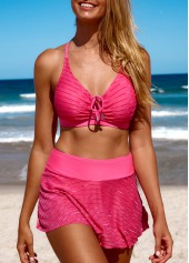 Pink swimwear,Plain Color swimwear,ROTITA Drawstring Metal Ring Pink Bikini Top