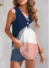 Multi Color tops,Striped tops,Geometric tops,Contrast Color tops,ROTITA Button Multi Color V Neck Tank Top