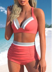 Coral swimwear,Contrast Color swimwear,ROTITA Criss Cross Tie Back Coral Bikini Top