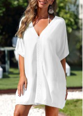 White swimwear,Plain Color swimwear,Lace V Neck White Cover Up