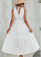 White dresses,Plain Color dresses,Smocked White V Neck Sleeveless Maxi Dress