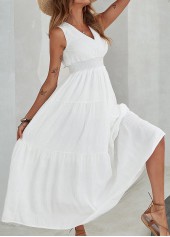 White dresses,Plain Color dresses,Smocked White V Neck Sleeveless Maxi Dress
