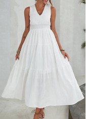 White dresses,Plain Color dresses,Smocked White V Neck Sleeveless Maxi Dress