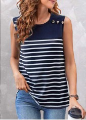 Navy tops,Striped tops,ROTITA Button Striped Navy Round Neck Tank Top