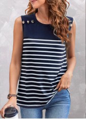 ROTITA Button Striped Navy Round Neck Tank Top