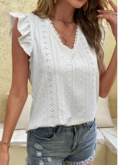 White tops,Plain Color tops,Lace White V Neck Short Sleeve Tank Top