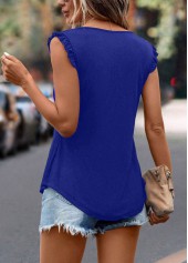 Royal Blue tops,Plain Color tops,Frill Royal Blue Split Neck Tank Top