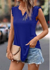Royal Blue tops,Plain Color tops,Frill Royal Blue Split Neck Tank Top
