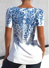 Light Blue tops,White tops,Plants tops,Ombre tops,ROTITA Cut Out Leaf Print Light Blue T Shirt