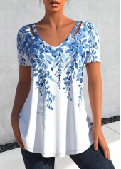 ROTITA Cut Out Leaf Print Light Blue T Shirt