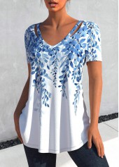 Light Blue tops,White tops,Plants tops,Ombre tops,ROTITA Cut Out Leaf Print Light Blue T Shirt