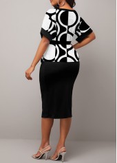 Black dresses,White dresses,Geometric dresses,ROTITA Patchwork Geometric Print Black Round Neck Dress