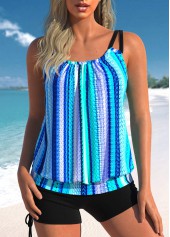 Ruched Neon Blue Striped Tankini Set
