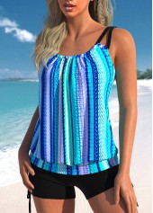 Neon Blue swimwear,Striped swimwear,ROTITA Ruched Neon Blue Striped Tankini Top