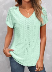 Mint Green tops,Plain Color tops,ROTITA Lace Mint Green V Neck T Shirt
