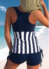 Navy swimwear,White swimwear,Striped swimwear,Geometric swimwear,ROTITA Drawstring Wide Strap Navy Striped Tankini Top