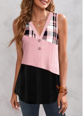 Pink tops,Black tops,Plaid tops,Striped tops,Geometric tops,ROTITA Twisted Plaid Pink V Neck Tank Top