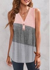 Grey tops,Pink tops,Contrast Color tops,ROTITA Button Grey V Neck Tank Top