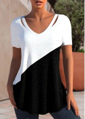 ROTITA T-shirt noir à manches courtes et col en V patchwork